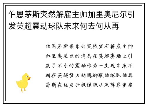 伯恩茅斯突然解雇主帅加里奥尼尔引发英超震动球队未来何去何从再