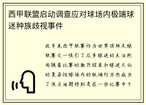 西甲联盟启动调查应对球场内极端球迷种族歧视事件